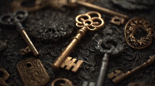 Assorted antique keys of silver and gold scattered over embossed metal