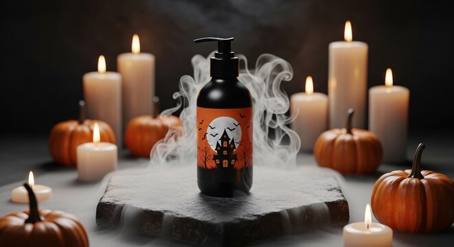 A black bottle with a Halloween label featuring a haunted house and moon is centered amidst lit candles, pumpkins, and swirling smoke.