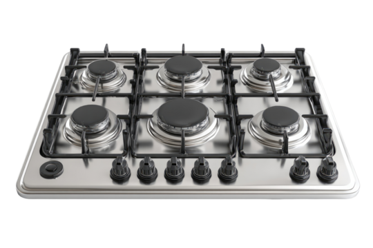 Stainless steel gas hob with six burners