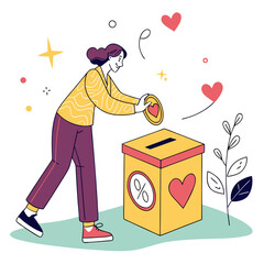 Person donating coin to charity box donation heart