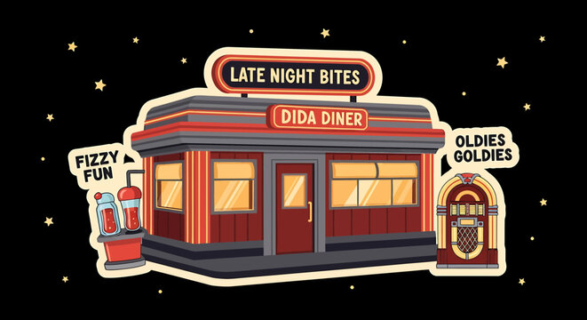 Retro Dida Diner with Jukebox, Soda Fountain, and Late Night Bites Sign