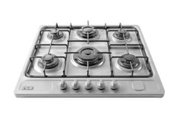 White gas stove with 4 burners and control knobs
