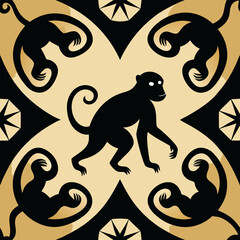 Stylized monkey silhouettes in tribal frames seamless pattern