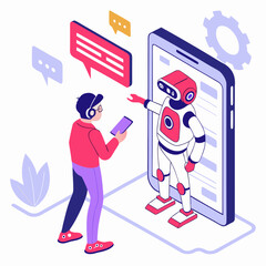 Person interacting with digital robot assistant artificial intelligence