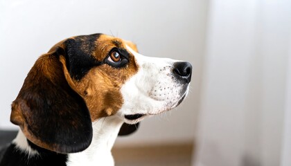 A close-up profile view of a Beagle dog, head and shoulders, looking upward with an attentive expression.