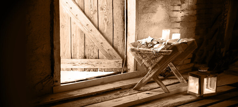 Manger in the barn. Christmas background