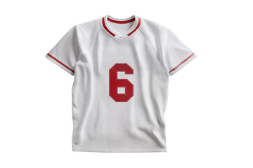 White sports jersey with red number six and striped sleeves isolated on plain background image on transparent background