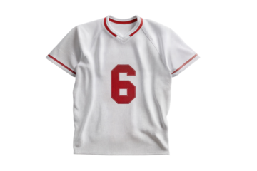 White sports jersey with red number six and striped sleeves isolated on plain background image on transparent background