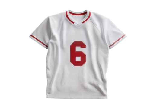 White sports jersey with red number six and striped sleeves isolated on plain background image on transparent background