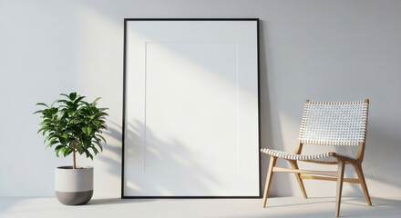 Minimalist interior design with blank frame and plant,Scandinavian style with wooden chair and empty frame to add your artwork, Modern home decor with copy space