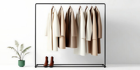 Simple minimalist setup with coats, plant, and shoes