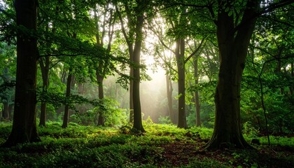 Naklejka premium Lush green forest with sunlight streaming through the trees, creating a tranquil and vibrant scene.