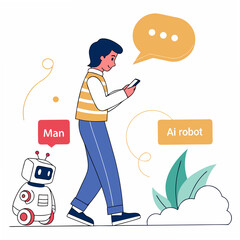 Person texting with robot and plants cartoon phone