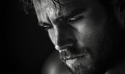 Obraz premium Postpartum depression in fathers, depicting a man in emotional distress after the birth of a child. The image illustrates the sadness, anxiety, exhaustion associated with the condition, Generative AI