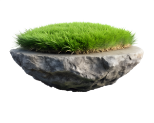 Floating rock with green grass isolated on transparent background