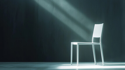 A white chair set against a dark, moody background with deep shadows and subtle gradients. Minimal, directional lighting creates a dramatic and atmospheric effect. 