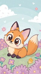 Kawaii fox sitting in a field of colorful flowers