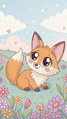 Kawaii fox playing in a field of bright flowers