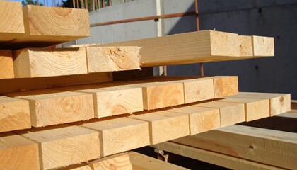Stacked wooden beams in a construction yard.