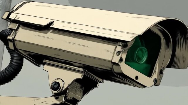Angled view of a security camera, tan body, comic-book style illustration