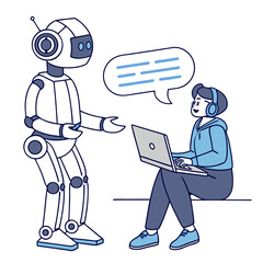 Robot and person communicating human laptop