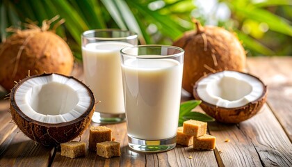 Coconut water with milk and brown sugar. Detailed high quality image. 