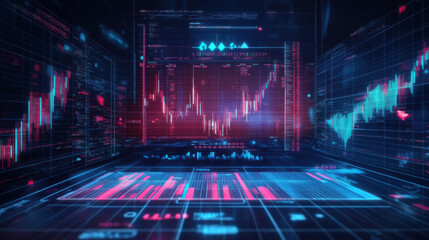 A futuristic interface displaying complex financial data with red and blue candlestick charts