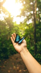 Hand holding two blue butterflies