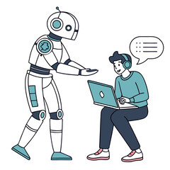 Robot and person interacting with laptop human technology