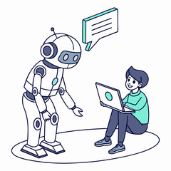 Robot and person interacting with laptop human technology