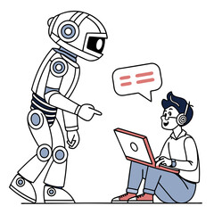 Robot and person interacting with laptop technology