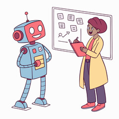 Robot and teacher by whiteboard learning education