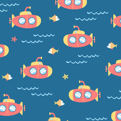 vector seamless pattern cute submarine cartoon fish  design for kids apparel fullprint fabric