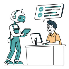 Robot assisting man with tasks at desk assistant employee