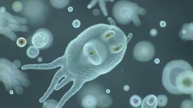 Detailed Amoeba Illustration Emphasizing Biological Characteristics and Cellular Structure on Soft Grey Background
