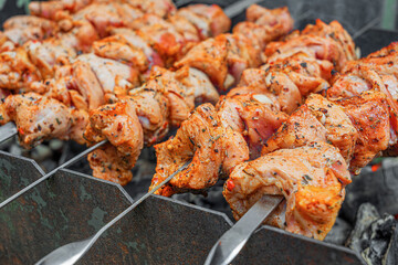 Juicy marinated skewers are being grilled over hot charcoal on metal skewers during an outdoor barbecue.