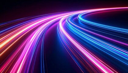Vibrant light trails curve across a dark background, depicting speed and movement.