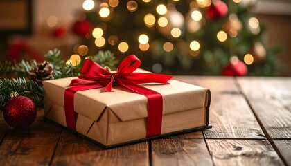 Festive Christmas Package with Red Ribbon on Wooden Table, Illuminated Tree Backdrop