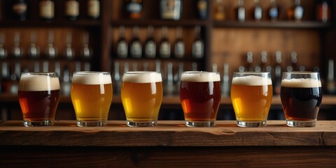 A row of six craft beer glasses on a bar counter