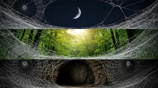 Enchanting Spiderwebs: Night, Forest, and Cave - A captivating triptych featuring large spiderwebs draped over contrasting scenes: a night sky with a crescent moon, a sunlit forest, and a dark cave