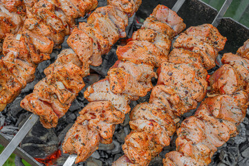Juicy marinated skewers are being grilled over hot charcoal on metal skewers during an outdoor barbecue.