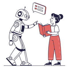 Robot teaching student with book and speech bubble
