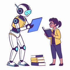Robot teaching student with books learning