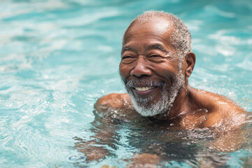 Joyful senior black man swims in clear water with a radiant smile. Active lifestyle reflects wellness