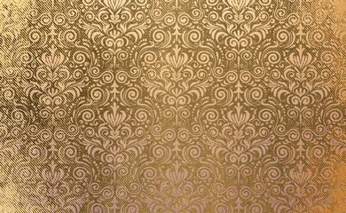 Golden vector grunge texture with damask floral pattern with scrolls and leaves. Grunge effect with subtle diagonal lines. 