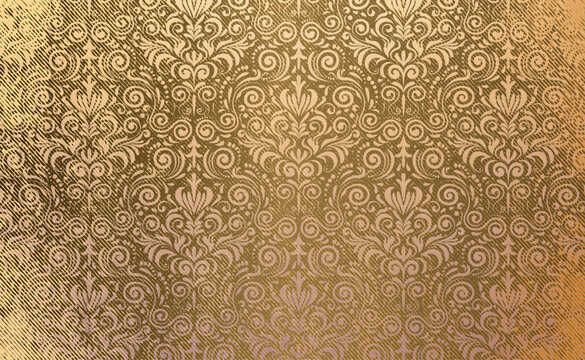 Golden vector grunge texture with damask floral pattern with scrolls and leaves. Grunge effect with subtle diagonal lines. 