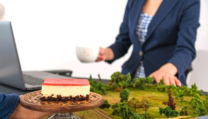 A slice of strawberry cheesecake sits on a wooden stand, alongside a miniature landscape model, suggesting a blend of dessert and design.