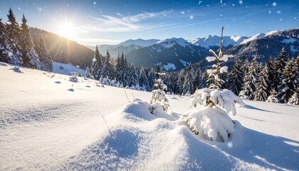 Bright sun shines over a pristine, snow-covered mountain landscape with evergreen trees and falling snowflakes.