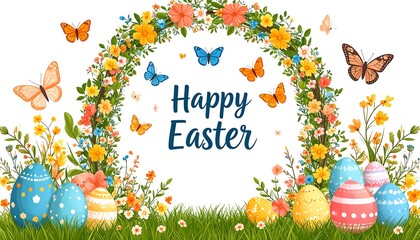 Fototapeta premium Festive easter design adorned with floral arch, eggs, and delightful butterflies