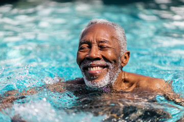 Joyful senior black man swims in clear water with a radiant smile. Active lifestyle reflects wellness